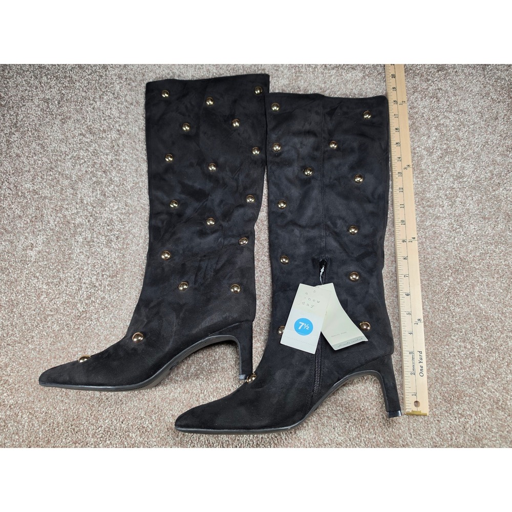 A New Day Womens Black Studded Faux Suede Pointed Toe Knee High Boots 7.5